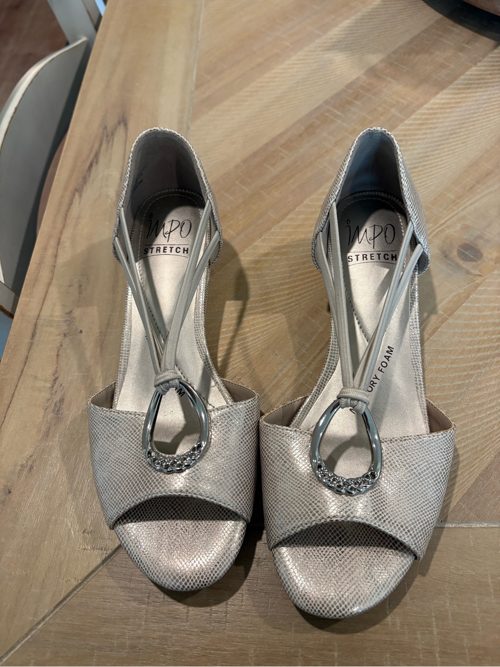 Impo Silver Metallic Open-Toe Heels with Decorative Ring